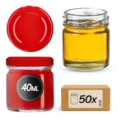 Image de KADAX Lot de 50 mini bocaux en verre Weck, 40 ml, ronds, avec couvercle à visser, pour dégustation, confiture, miel, etc