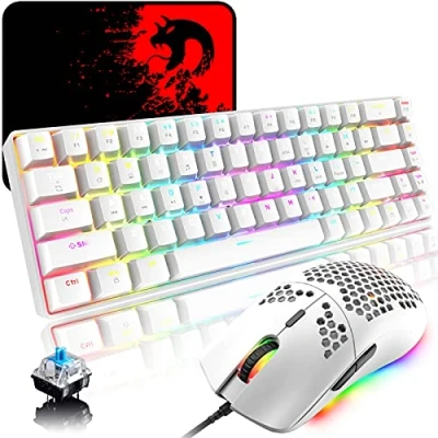 Image de Ensemble Clavier et Souris de Jeu RVB, 68 Touches Blue Switch 60% Mini Keyboard Mécanique Chroma, Mouse Légère en Nid D&#039;abeille 6400DPI, USB Filaire, Compatible avec Windows Mac PS4 XBox, Blanc