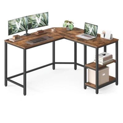 Image de VASAGLE Bureau d&#039;Ordinateur en Forme de L, 120 x 130 76 cm, d&#039;angle avec 2 Étagères, Gain Place, pour Jeu, Marron Rustique et Noir d’Encre LWD123K01