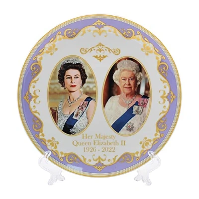 Image de The Leonardo Collection Assiette commémorative de Sa Majesté la Reine Elizabeth II avec support souvenir Blanc Diamètre 21 cm