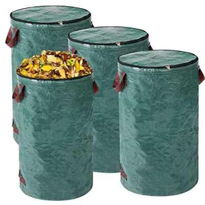 Image de QOXEZY Lot de 4 Sacs jardin Avec couvercle 120 l à déchets verts Pliable poignées Réutilisable Auto support En tissu polypropylène robuste