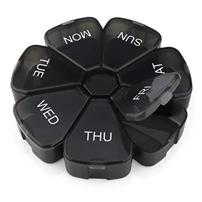 Image de Pilulier rond de qualité supérieure sans BPA pour tablette, grands compartiments, conception unique à ouverture assistée par ressort vitamines, médicaments et huile foie morue (Noir)