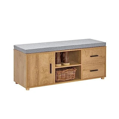 Image de SoBuy Banc de Rangement à Chaussure, Chaussures, Meuble d&#039;entrée avec Coussin rembourré, 2 Compartiments, 1 Porte et tiroirs, Naturel, 110 x 35 47 cm, FSR148 N