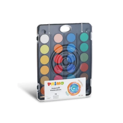 Image de PRIMO Aquarelle Peinture Enfant +3 Ans avec 12 Couleurs dans Gaufres Amovibles Ø30mm + 1 Pinceau Aquarelle, Kit Palette Enfants Feutre Loisirs Créatifs Made in Italy