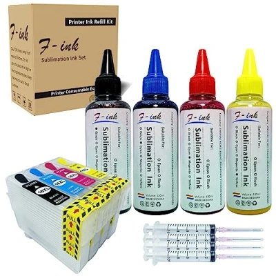 Image de F INK Ensemble d&#039;encres de Sublimation 400 ML Compatible avec Les Cartouches d&#039;encre Epson 16 ou 16XL. Fonctionne sur des Tasses/Assiettes/Chemises en Polyester/étuis téléphone, etc.