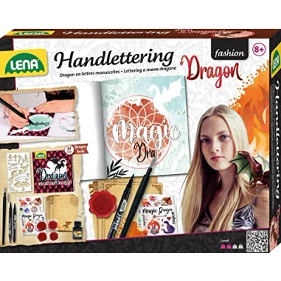 Image de Lena 42336 kit de lettrage à la main et calligraphie, carnet coloriage avec motifs dragons, 2 stylos noirs, plumes encrier, autocollants 4 modèles lettre, créatif pour