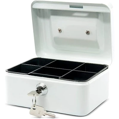 Image de MAUL caisse monnaie en acier 15,2x12,5x8cm verrouillable Coffre cash Insert à amovible avec 2 clés Idéal comme monnayeur, tirelire, tiroir Blanc