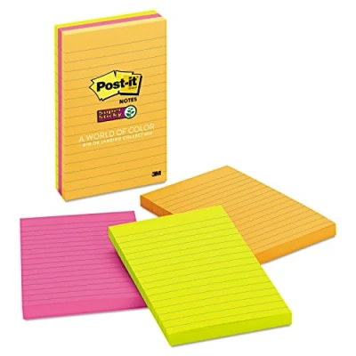 Image de Post it Notes Autocollantes Super Sticky, Grand Format XXL, Lignées, 101 mm x 152 mm, Pack de 3 Blocs, 90 Feuilles par Bloc Feuillets Adhésifs pour Prise Notes, Listes Tâches et Rappels