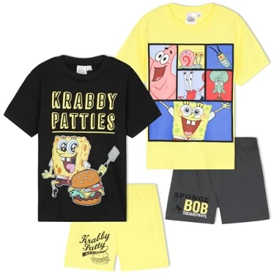 Image de Get Trend Lot de 2 Ensembles Pyjama Garçon à Manches Courtes Vêtement Nuit Enfant Été Détente ou Sommeil (7 8 Ans, Multi Spongebob)