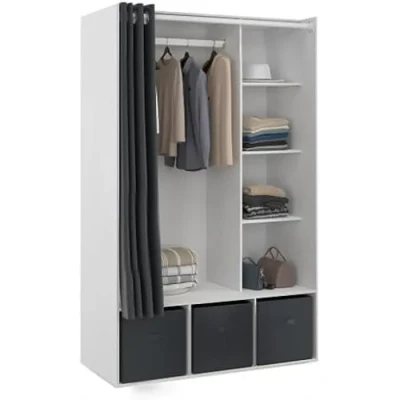 Image de Dressing penderie 105 x 50 172 cm DIANE blanc avec étagères + boites de rangement rideau gris