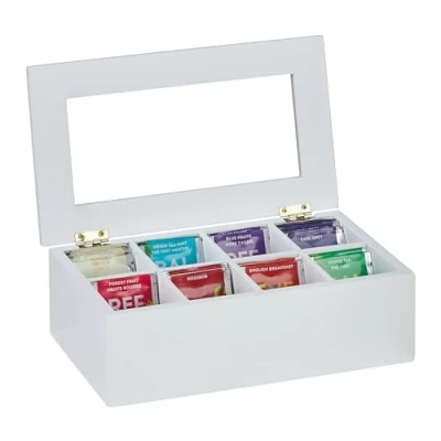 Image de Relaxdays Boîte à thé, 8 Compartiments, Bambou, Couvercle protégeant Le Contenu de la poussière, HLP 9x28x16 cm, Blanche
