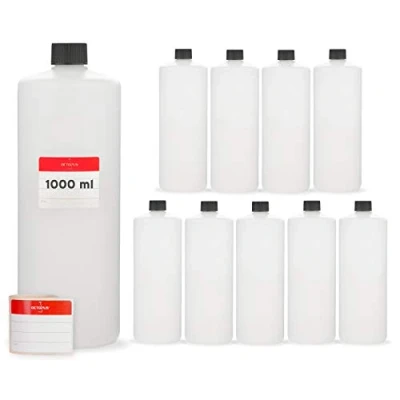 Image de Octopus 10 x Bouteilles en Plastique de 1000 ML, HDPE, 1 Litre Rondes avec Bouchons à vis ou couvercles Noirs, vides Filetage 25 mm, étiquettes d&#039;étiquetage incluses