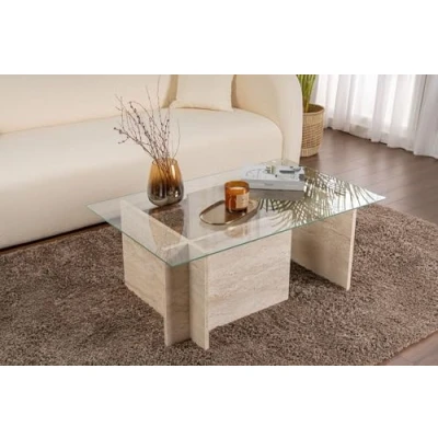 Image de Table basse avec plateau en verre L105 cm 105 X 65 40 NOAH Travertin