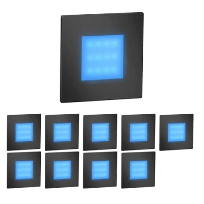 Image de ledscom.de 10 pièces Lumière d&#039;escalier LED/lampe murale encastrée FEX pour l&#039;intérieur et l&#039;extérieur, rectangulaire, noir, 85 x 85mm, bleu