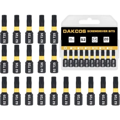 Image de DAKCOS T25 Bit, Torx Bit T25, assortiment d&#039;embouts en S2, embout de vissage 1/4 tige hexagonale (longueur : 25 mm, 20 pièces)
