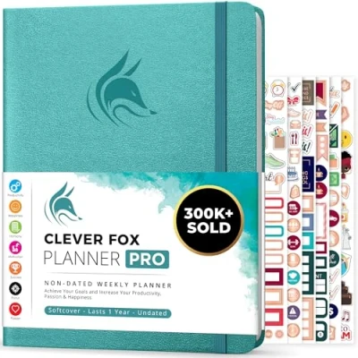 Image de Agenda Clever Fox PRO de vie hebdomadaire et mensuel pour augmenter la productivité, gestion du temps atteindre vos objectifs Organisateur, Durée 1 an A4, Non daté (Aigue marine)