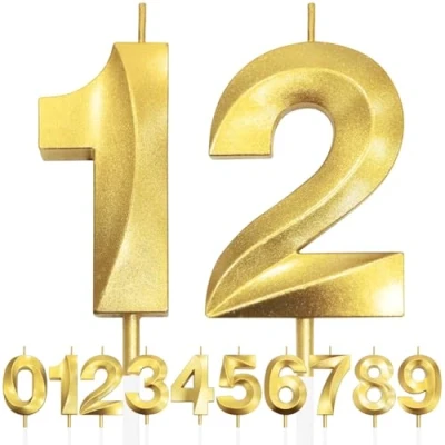 Image de 12th Bougie D&#039;anniversaire à Paillettes Dorées au Design 3D, Bougies Numérotées pour 90e, Décorations de Dessus Gâteau, Gâteau Fête D&#039;anniversaire, Anniversaire Mariage