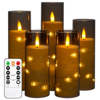 Image de bougie LED, à piles avec guirlande lumineuse encastrée, ensemble de 5 bougies sans flamme télécommande, fonction minuterie 24 heures, dansante (sans batterie)