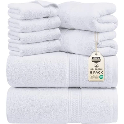 Image de Utopia Towels Ensemble de Serviettes Bain 8 pièces; 2 Bain, essuie Mains et 4 débarbouillettes Coton Qualité d&#039;hôtel, Super Doux très Absorbant (Blanc)