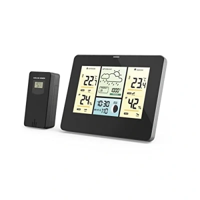 Image de Hama Station Météo Sans Fil Connectée Wifi + Capteur (Comptabile Alexa/Siri/Google Assist., Smart Home App, Thermomètre Hygromètre Baromètre, Reveil, Ecran Retro Eclairé) Noir
