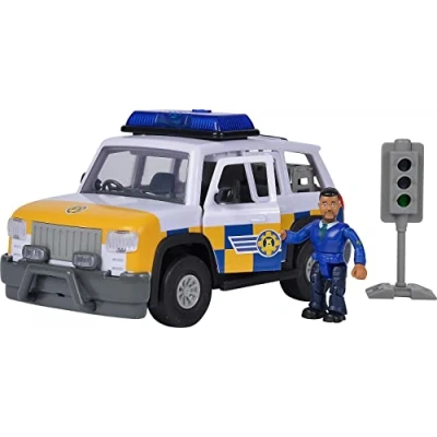 Image de Simba 109251096 Kit de Jeu Sam Le Pompier, Voiture Police 4x4 19 cm, pour Enfants à partir 3 Ans, avec Son Original, lumière, Figurine Malcom et Autres Extras
