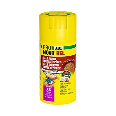 Image de JBL PRONOVO BEL GRANO, Aliment de Base pour tous Poissons d&#039;Aquarium 3 5 cm, Granulés Poissons, Doseur à clic, taille XS, 100 ml