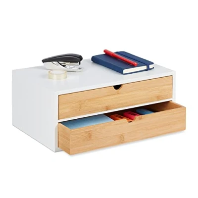 Image de Relaxdays Boîte à tiroirs, Bambou et MDF, Mini Commode 2 Compartiments, HxLxP : 14x33x21 cm, Organiseur, Nature/Blanc