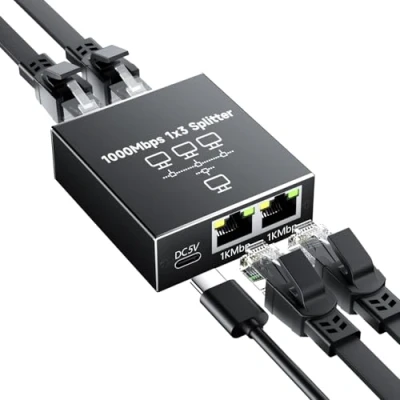 Image de GlasFlength Switch Ethernet 3 Ports, RJ45 Splitter 1000Mbps Multiprise Hub 1 à pour Ordinateur Commutateur Routeur Décodeur Télévision Numérique