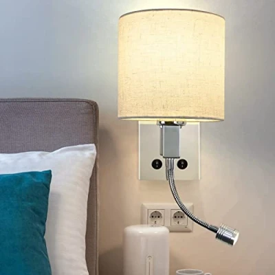 Image de ZMH LED applique murale lampe de lit en tissu blanc lecture E27 flexible lumière chambre salon salle à manger éclairage intérieur