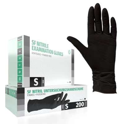 Image de SF Medical Products GmbH Gants en nitrile Boîte de 200 pièces (S, Noir) d&#039;examen jetables, sans poudre, latex, non stériles, médicaux, tatouage, gants, à usage unique