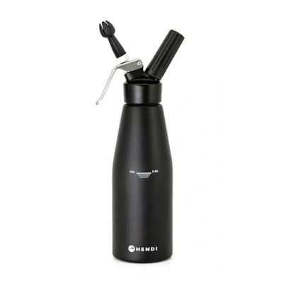 Image de HENDI Appareil à crème fouettée avec 3 douilles en polypropylène et brosse de nettoyage pour fouettée, mousses desserts, mousseur froid, fouetteuse, 0,95 l, ø95 x (H)320 mm, aluminium, noir