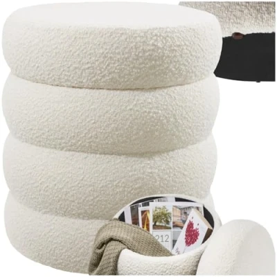 Image de TecTake® Tabouret Repose Pied Pouf avec Rangement Salon en Tissu Bouclette Crème jusqu&#039;à 120 kg Design scandinave Cosy pour Coiffeuse, Salon, Chambre, Bureau, entrée