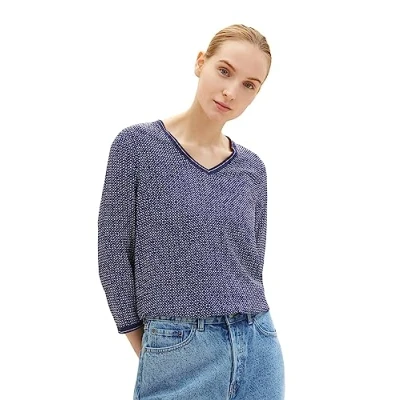 Image de TOM Tailor MIT Allover Tshirt à manches longues, Femme, Taille: Medium, Navy geometrical design