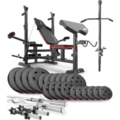 Image de Hop Sport Banc de Musculation HS 1075 avec Barre Longue, EZ Curl et Barres Courtes 75kg à 173kg (105kg Courtes)