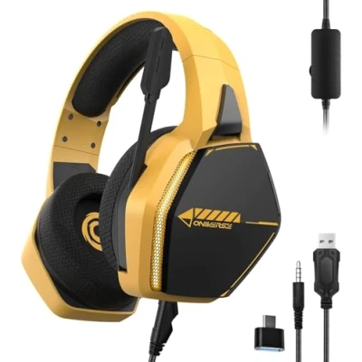 Image de Oniverse Casque Gaming PS5 PS4 Switch Xbox PC Mac avec Micro réglable, LED, Haut parleurs 50mm, Coussinets Tissu Respirant Gamer stéréo Filaire Nebula (SolarFire Yellow/Jaune)