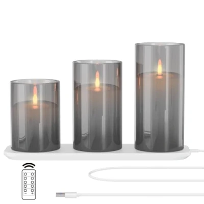 Image de EXTSUD Lot de 3 Bougies LED en Verre Rechargeable avec Station Charge et Télécommande, Décoratives Scintillantes Sans Flamme Minuterie pour Fête, Anniversaire, Mariage