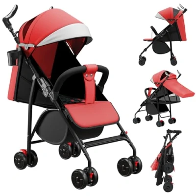 Image de OHMG Poussette Canne,Poussette Canne Compacte 0 36kg,Poussette de Voyage avec Cotons et Moustiquaire,Panier D&#039;achat Fonction Extensibler,Capote Extensible (Rouge)
