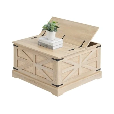 Image de VEVOR Table Basse Rectangulaire, de Salon en Rotin, avec Plateau MDF, Meuble Rangement Style Bohème Moderne 80 cm, Charnières Métal Rétro, pour Chambre et Petits Espaces