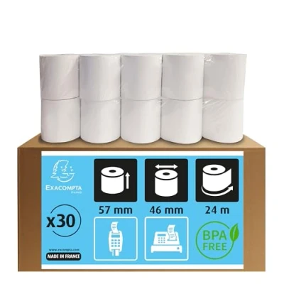 Image de Exacompta Réf. 40915E Carton de 30 bobines pour tickets carte bancaire largeur 57 mm x diamètre 46 mandrin 12 1 pli thermique 55g/m² sans BpA Métrage (+ ou 2m) : 24 m Blanc