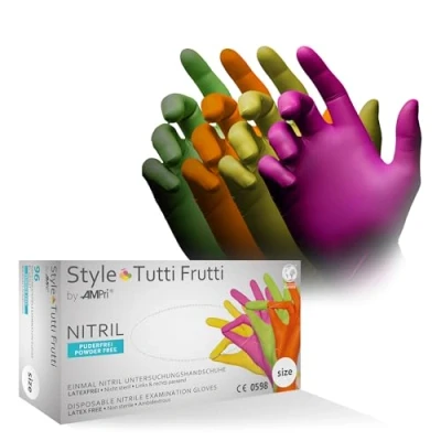 Image de Lot de 96 gants jetables en nitrile Style Tuttifrutti, taille M, mélange couleurs dans un distributeur
