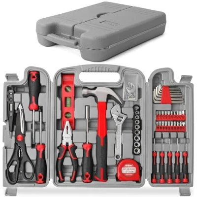 Image de Hi Spec Boite a Outils Complete Rouge 54 Pièces Ensemble d&#039;Outils avec de Rangement Marteau,Ciseaux,Tournevis,Clés Allen et Kit pour Usage Domestique ou du Travail