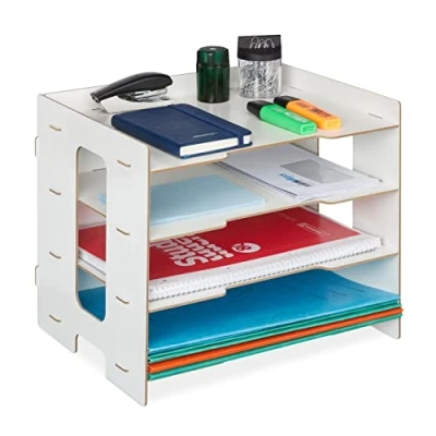 Image de Relaxdays Rangement Documents, Organiseur Bureau en MDF, Format A4, 3 Compartiments, HxLxP : 27 x 31,5 24 cm, Blanc