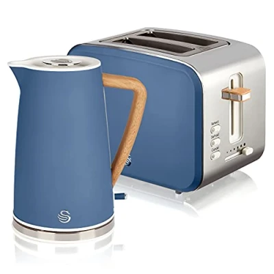 Image de Swan Nordic Set Desayuno Bouilloire sans fil 1,7 L 2200 W Grille pain à fente large 2 tranches 3 fonctions Design moderne Effet bois Bleu mat