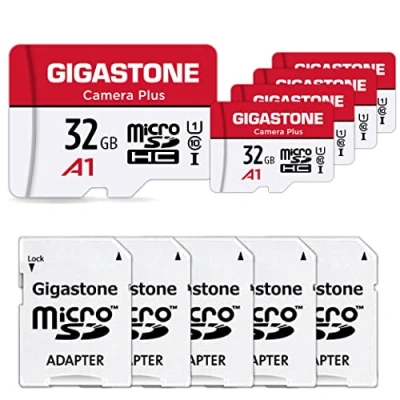 Image de Gigastone Carte Mémoire 32 Go Lot de 5 Cartes, Caméra Plus Série, Vitesse allant jusqu&#039;à 90 Mo/s. idéal pour Full HD Video Gopro Drone Caméra, U1 Micro SDHC avec Mini Coque et Adaptateur