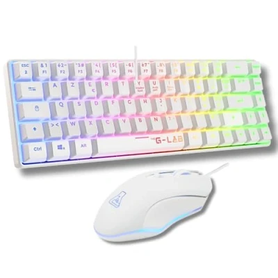 Image de The G Lab Combo Hydrogen Pack Clavier Souris Gamer, Gamer 60% Filaire, Rétroéclairage RGB, azerty, Format Compact + Gaming 6 Boutons, 6200 DPI PC/PS4/PS5 Blanc