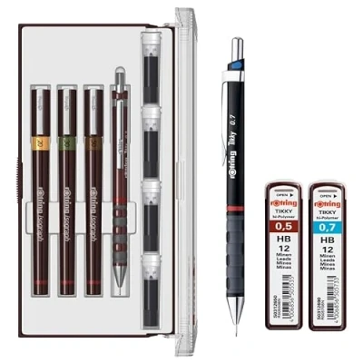 Image de rOtring Isograph S0699320 Junior Set de 3 stylos techniques 0,20 mm, 0,30 0,50 mm avec crayon 0,7 et 0,5 HB, HB recharges