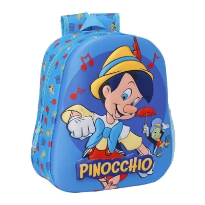 Image de Safta PINOCCHIO Sac à dos d&#039;école avec design 3D, adaptable au chariot, idéal pour les enfants de différents âges, confortable et polyvalent, qualité résistance, 27 x 10 33 cm, couleur bleue,