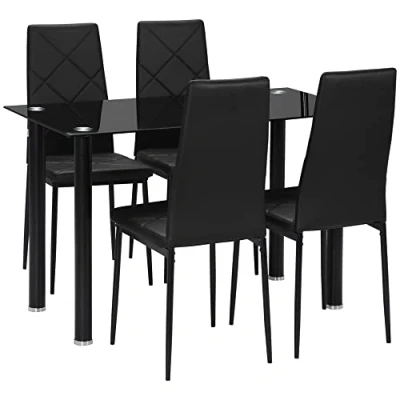 Image de HOMCOM Ensemble de Table à Manger avec 4 chaises, Meubles 5 pièces Cuisine, Plateau en Verre trempé, Pieds Acier, Noir