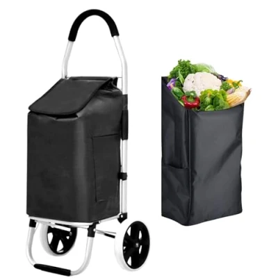 Image de 43.5Litres Aluminium Chariot de Courses Pliable avec Compartiment étanche, Grand Caddie Course, à roulettes, cadie a roulettes Courses, Sac Roulette Shopping Trolley Noir