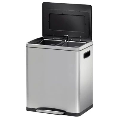 Image de HOMCOM poubelle de cuisine 2 x 15L à pédale compartiments, en acier inoxydable avec couvercle fermeture douce, seaux amovibles, 40L 34,8l 47,5H cm argent
